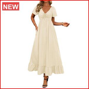 Maxi Dress V-Neck Short Sleeve A-Line Boho Wedding Guest Beach